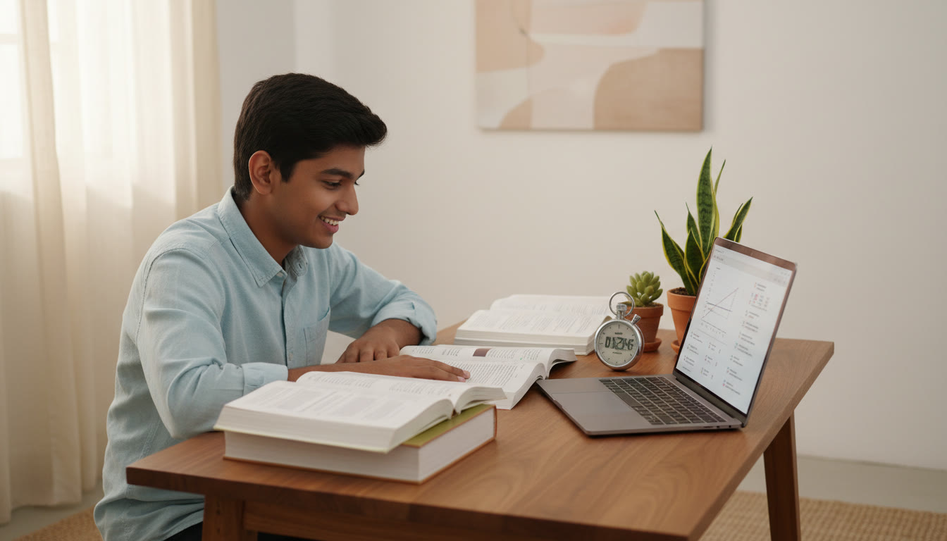 Photo Idea : Student studying at a desk with open textbooks, a stopwatch, and a laptop showing a practice test
