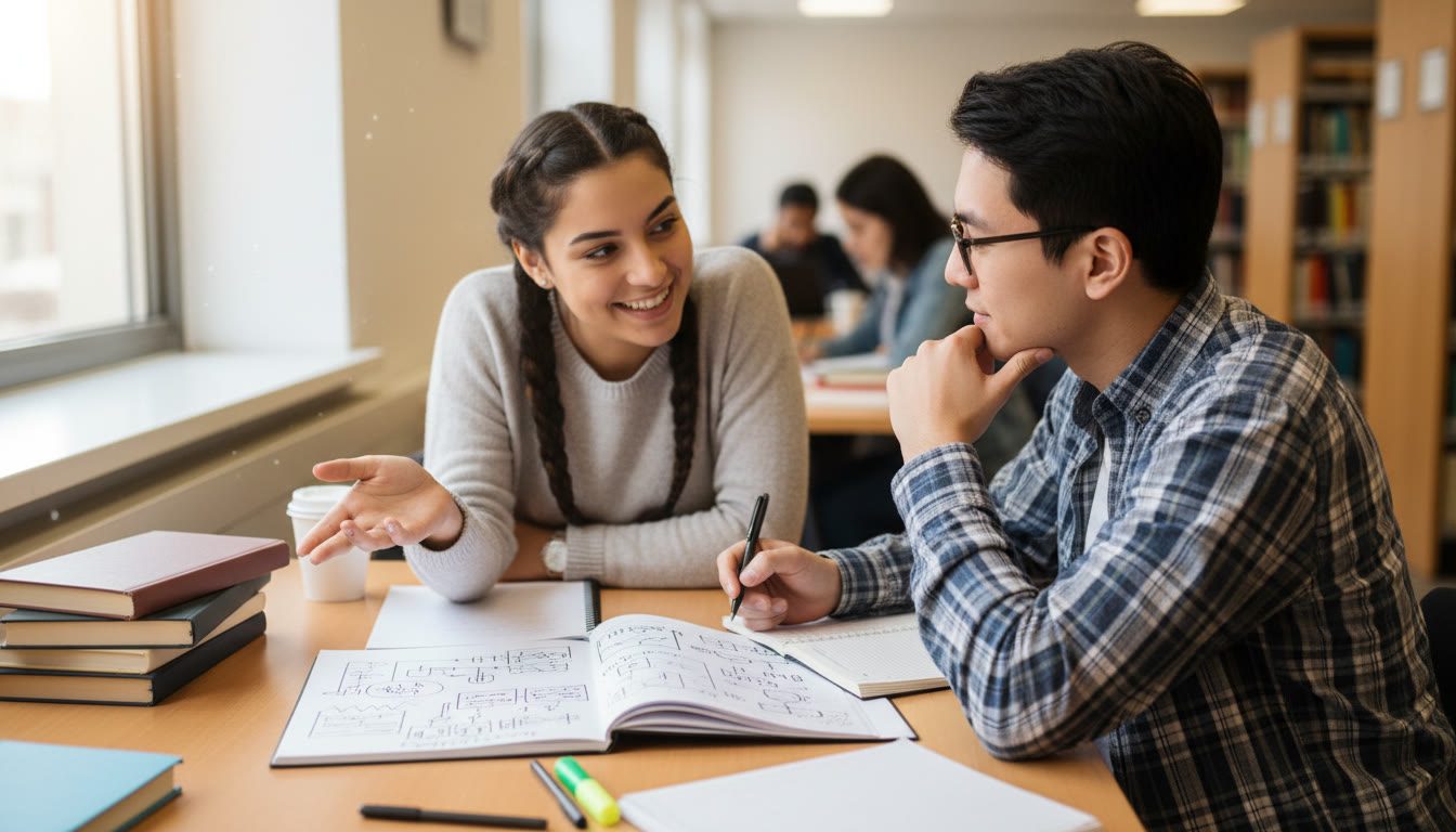 Photo Idea : Two students in a quiet corner of a library, one explaining a concept to the other while holding a notebook
