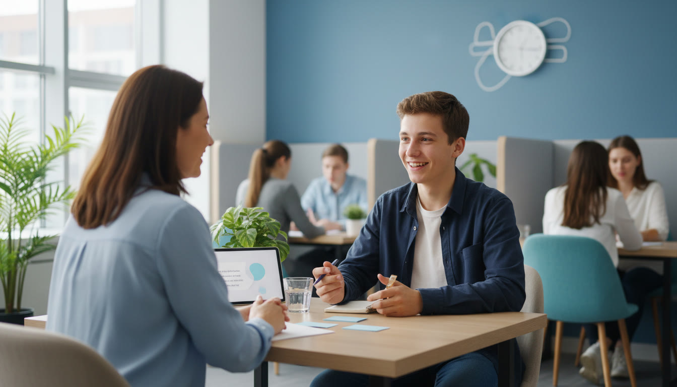 Photo Idea : Close-up of a student practicing interview questions in a simulated MMI station