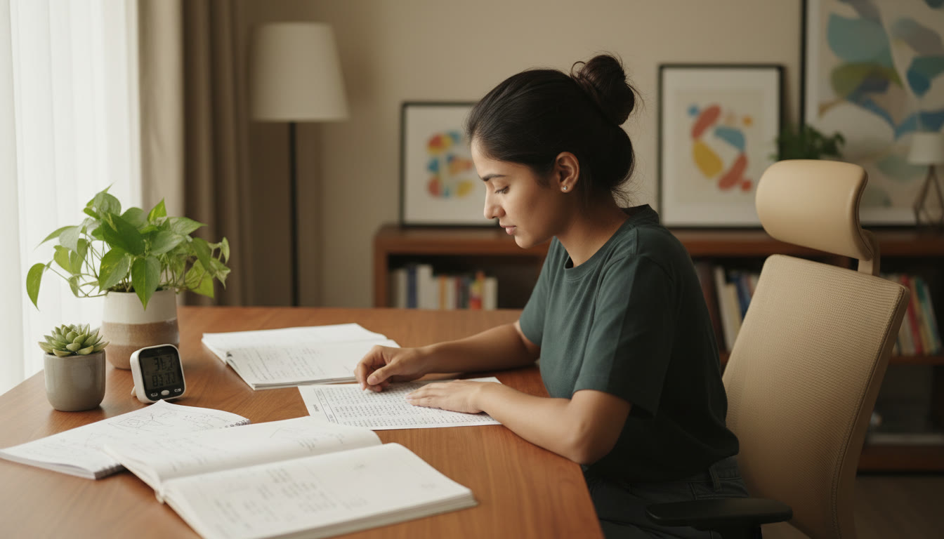 Photo Idea : A focused student analyzing a filled OMR sheet beside open notebooks and a timer