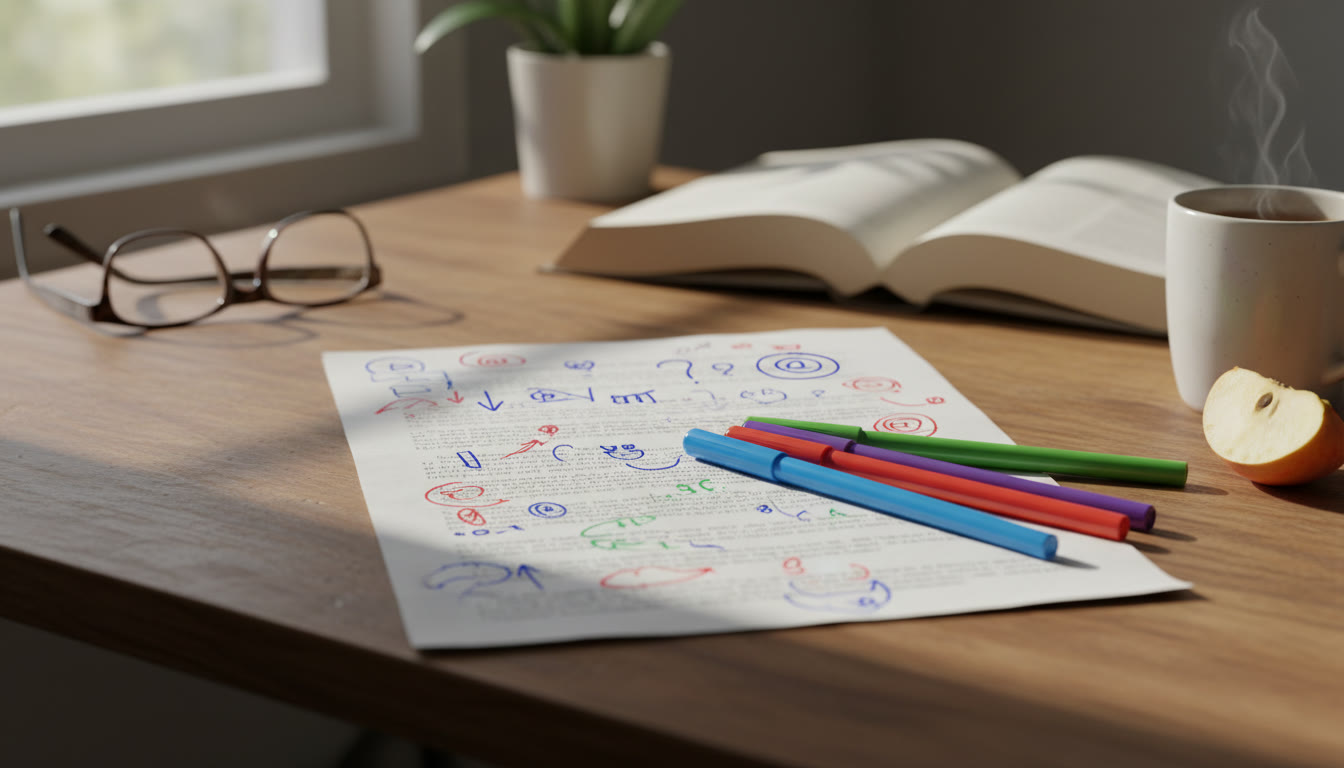Photo Idea : Close-up of annotated student essay and colored pens on a wooden table