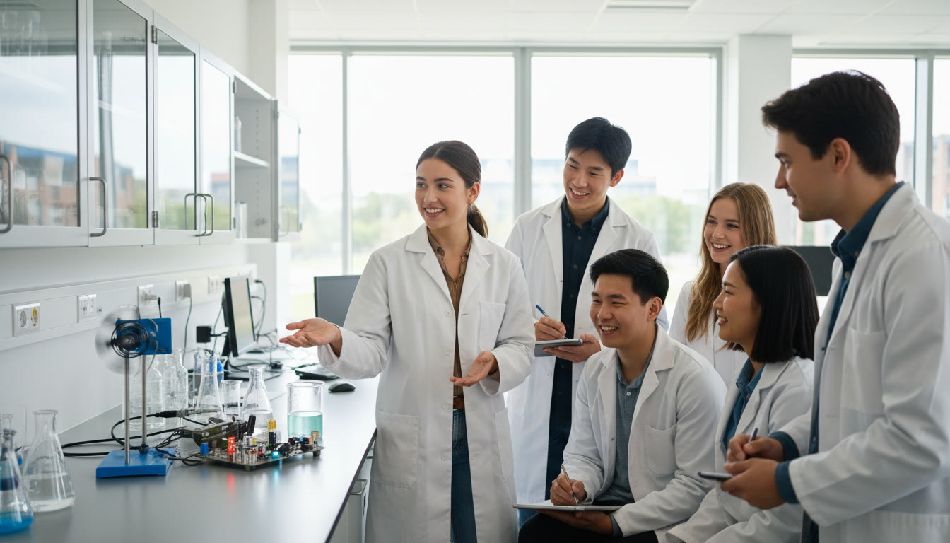 Photo Idea : A student in a lab coat presenting a science project to peers in a modern university lab