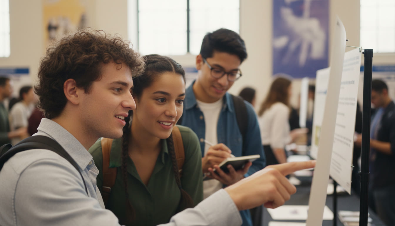 Photo Idea : Close-up of two students discussing and pointing at a TOK exhibit label while a third takes notes