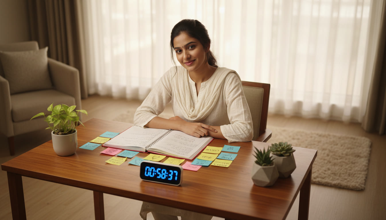 Photo Idea : student at desk with neat notes, colorful sticky notes, and a visible timer
