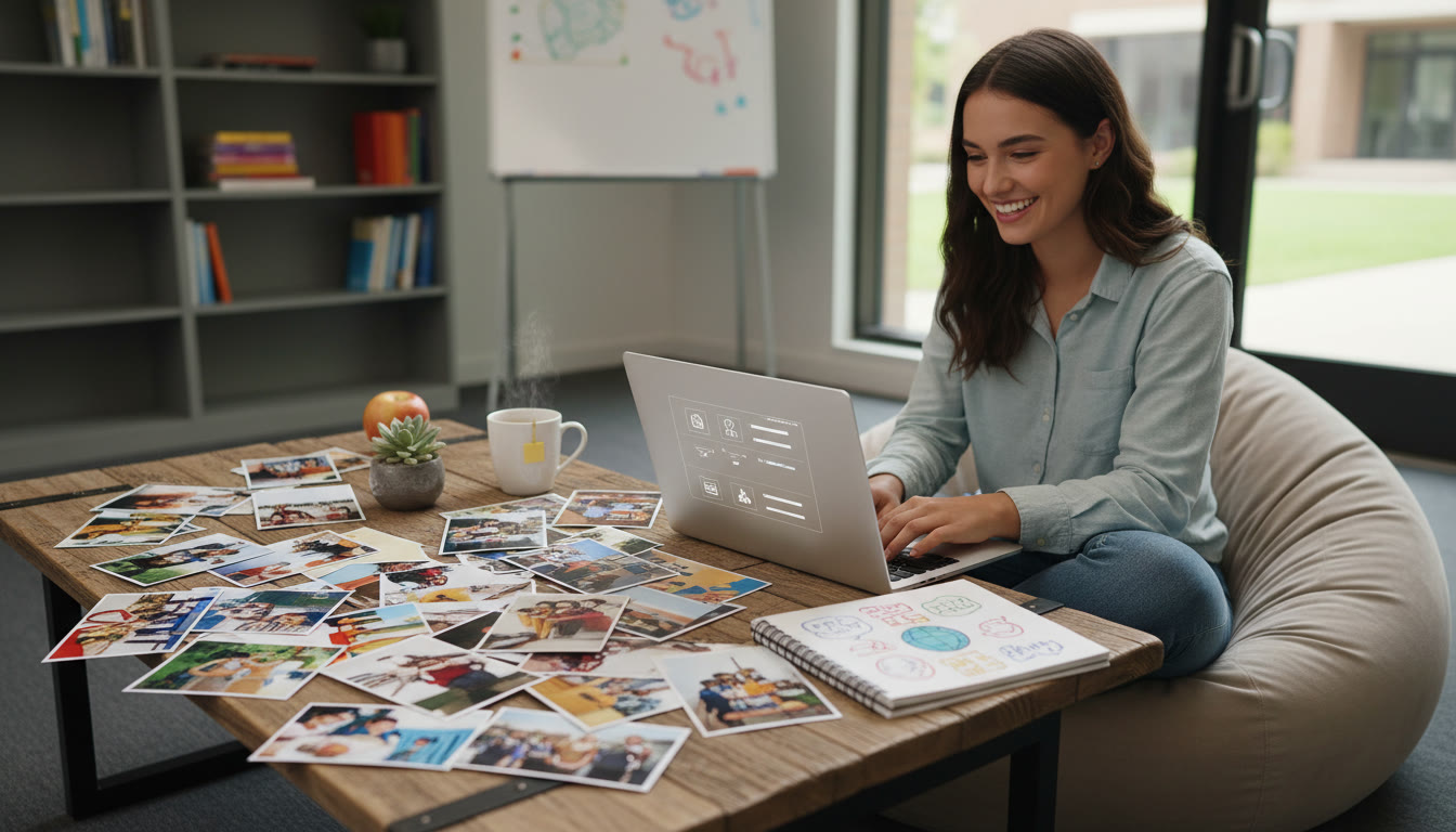 Photo Idea : A student updating a CAS portfolio on a laptop, with printed photos and a notebook spread out