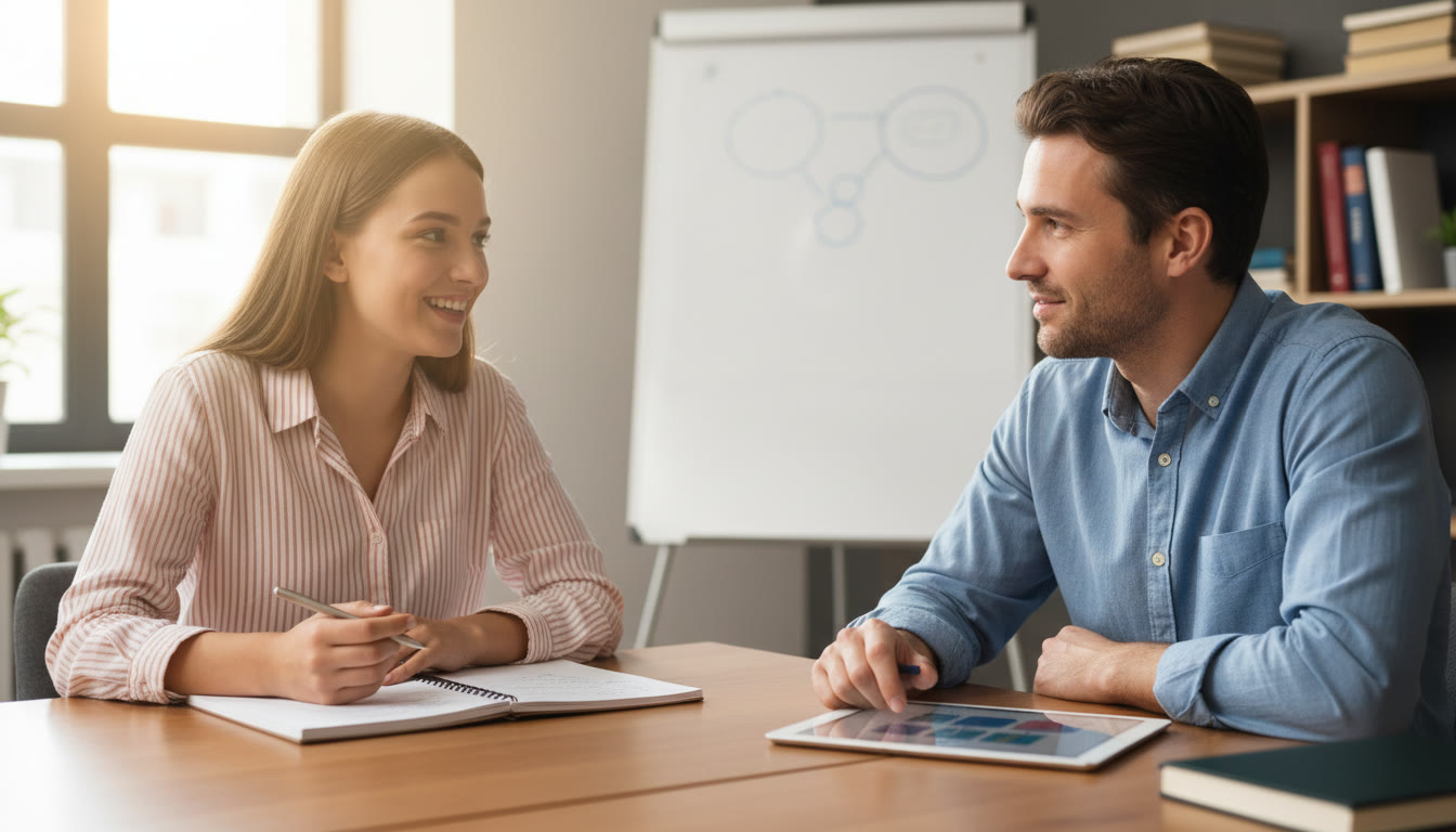 Photo Idea : Student in a mock interview with a teacher, practicing answers and taking notes