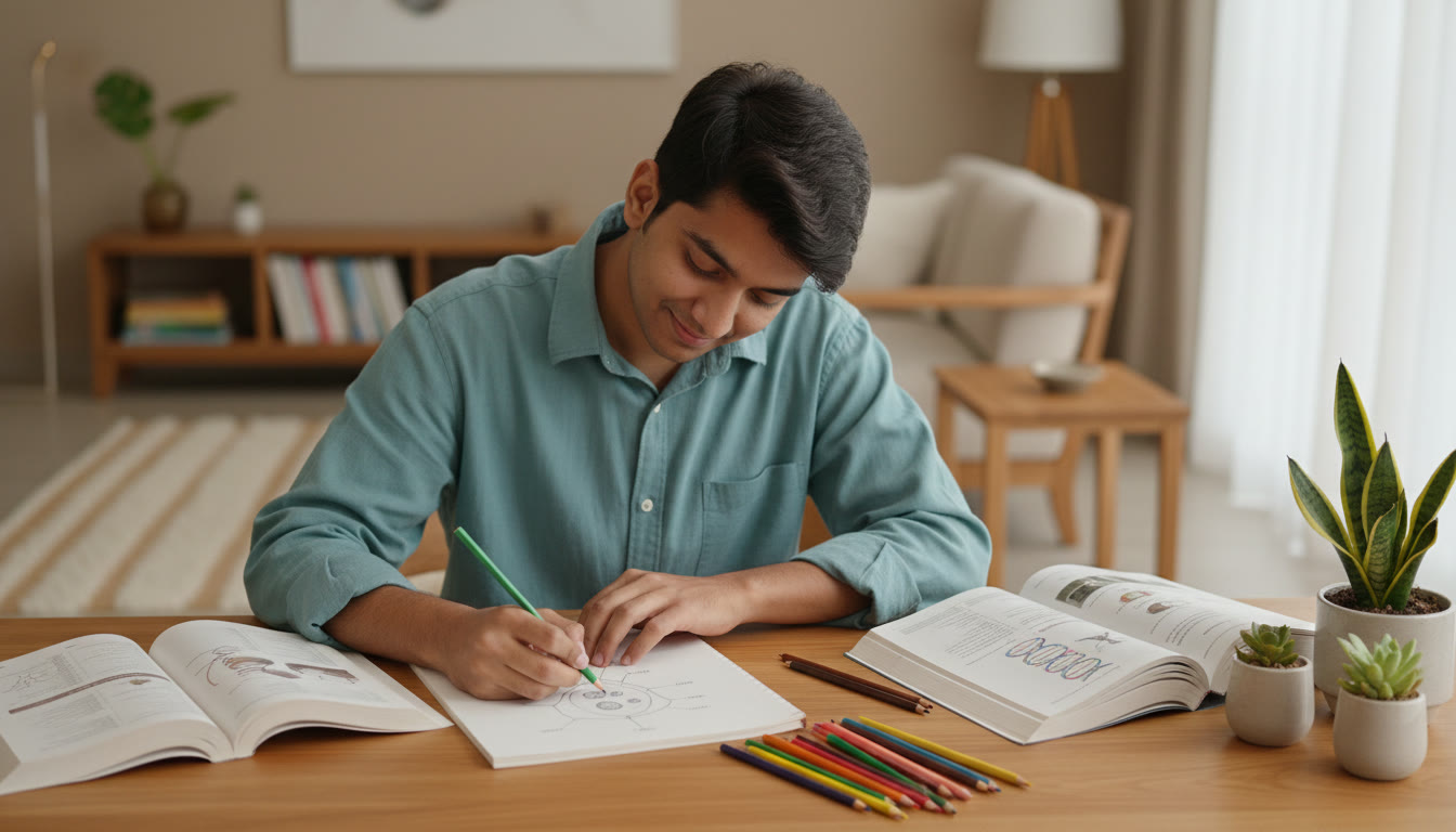 Photo Idea : A focused student at a desk sketching a biological diagram with colored pencils and open textbooks