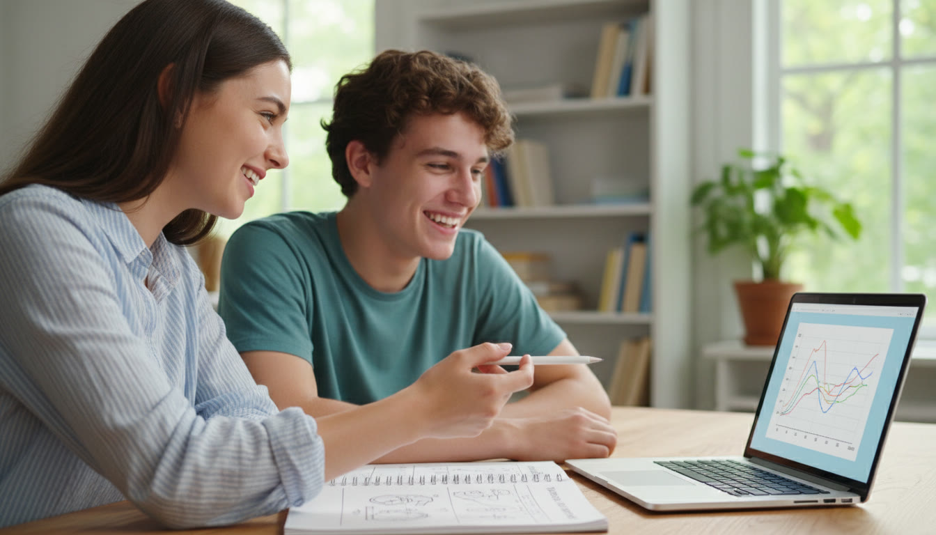 Photo Idea : A tutor and student reviewing a lab report with a laptop displaying a graph
