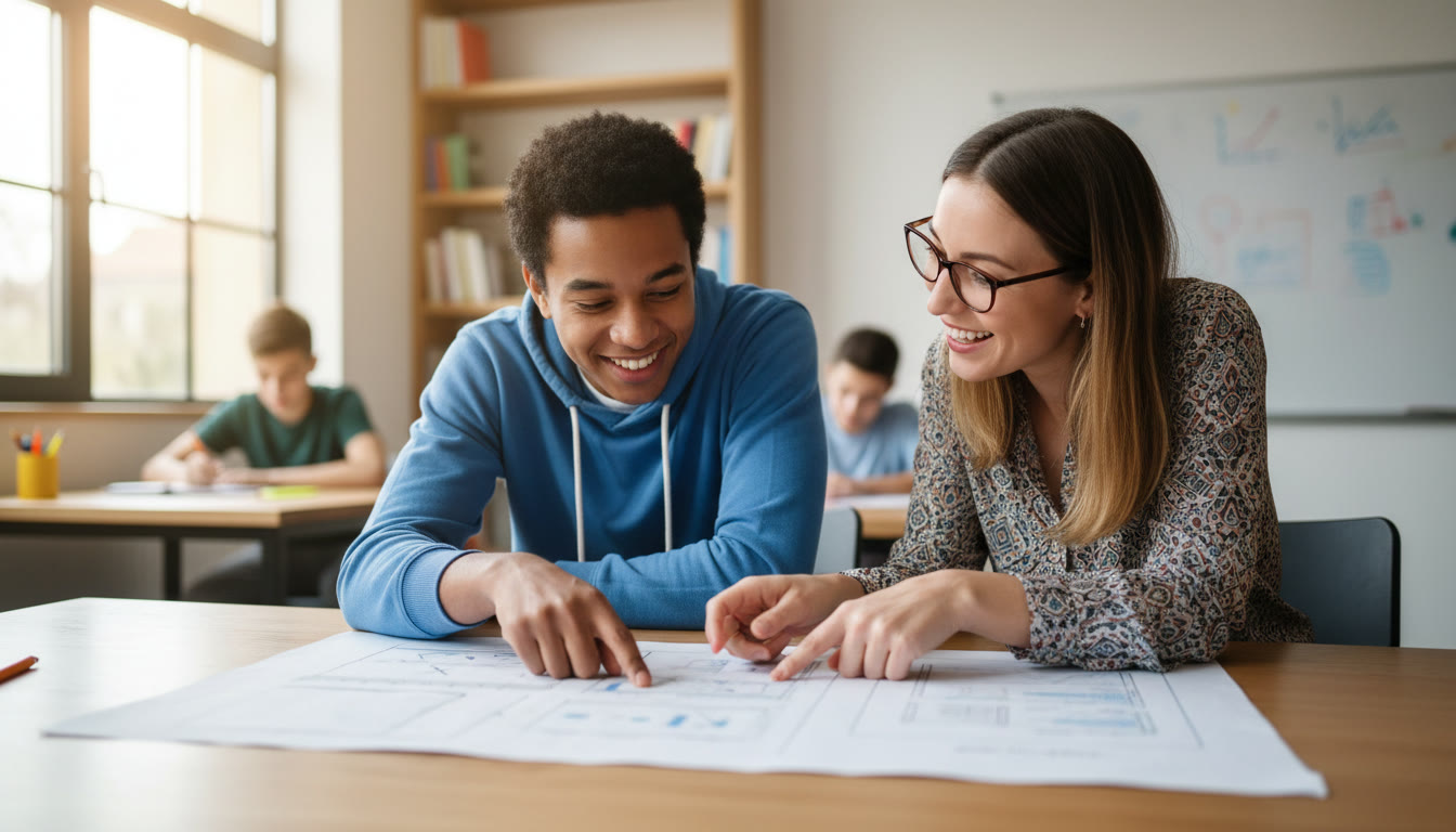 Photo Idea : a student and teacher looking over a printed draft together, pointing at a paragraph