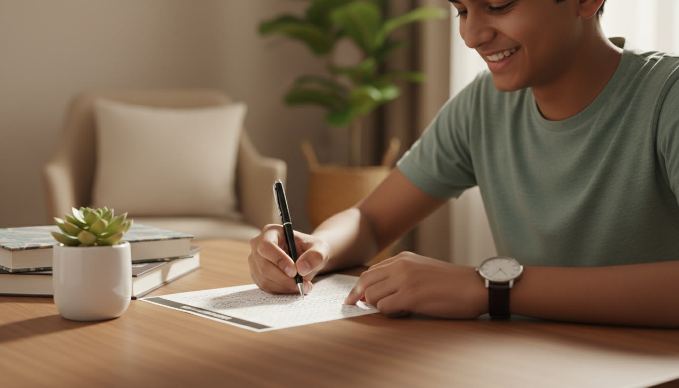 Photo Idea : Close-up of a student filling out a mock OMR sheet with a wristwatch showing time management