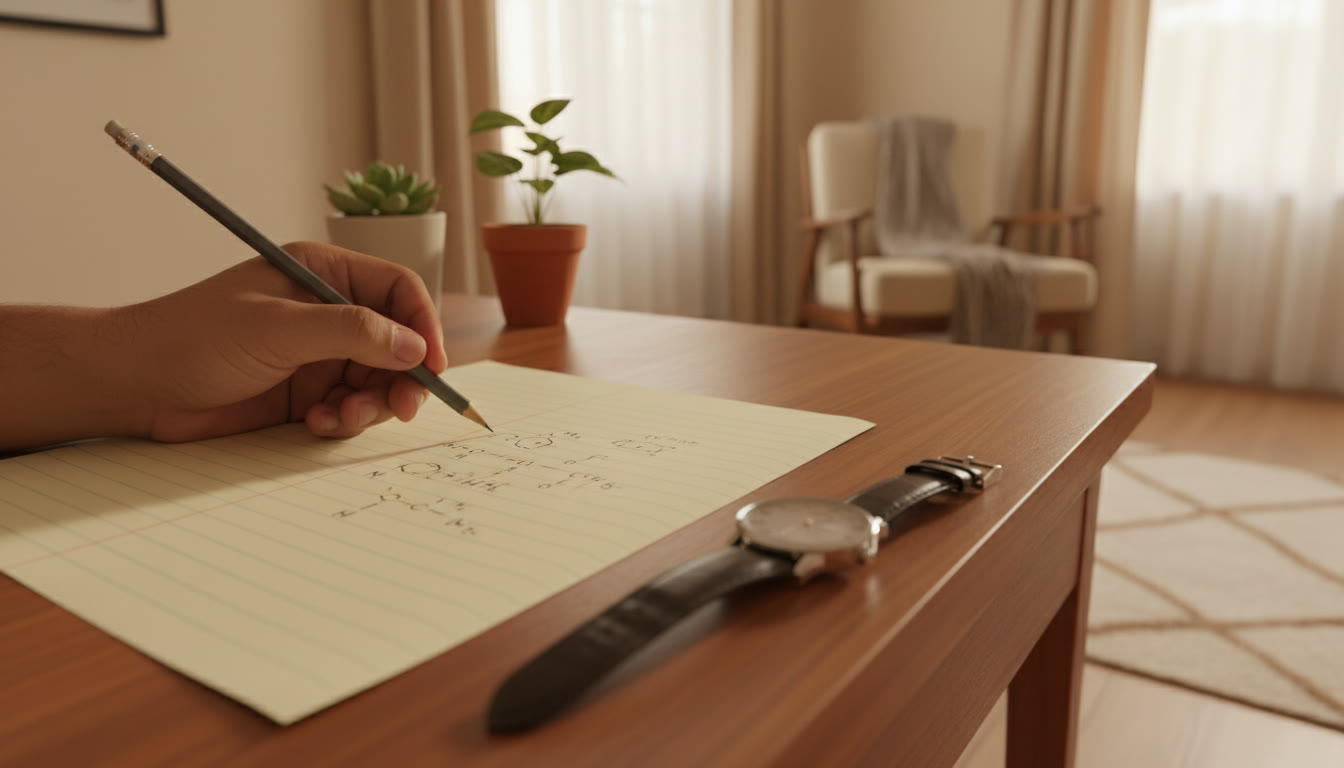 Photo Idea : Close-up of a hand solving chemical equations on paper with a watch nearby, showing time pressure