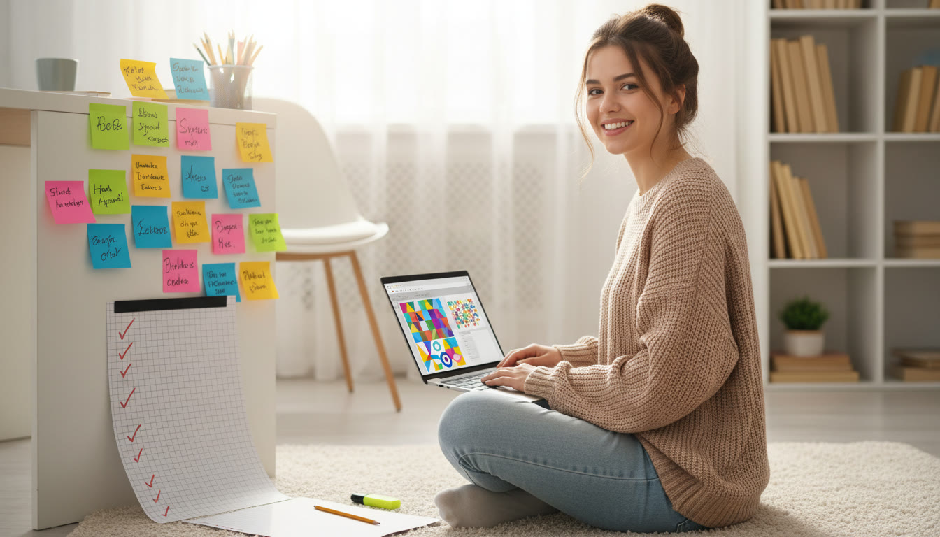 Photo Idea : A student creating a poster on a laptop, surrounded by sticky notes and a checklist