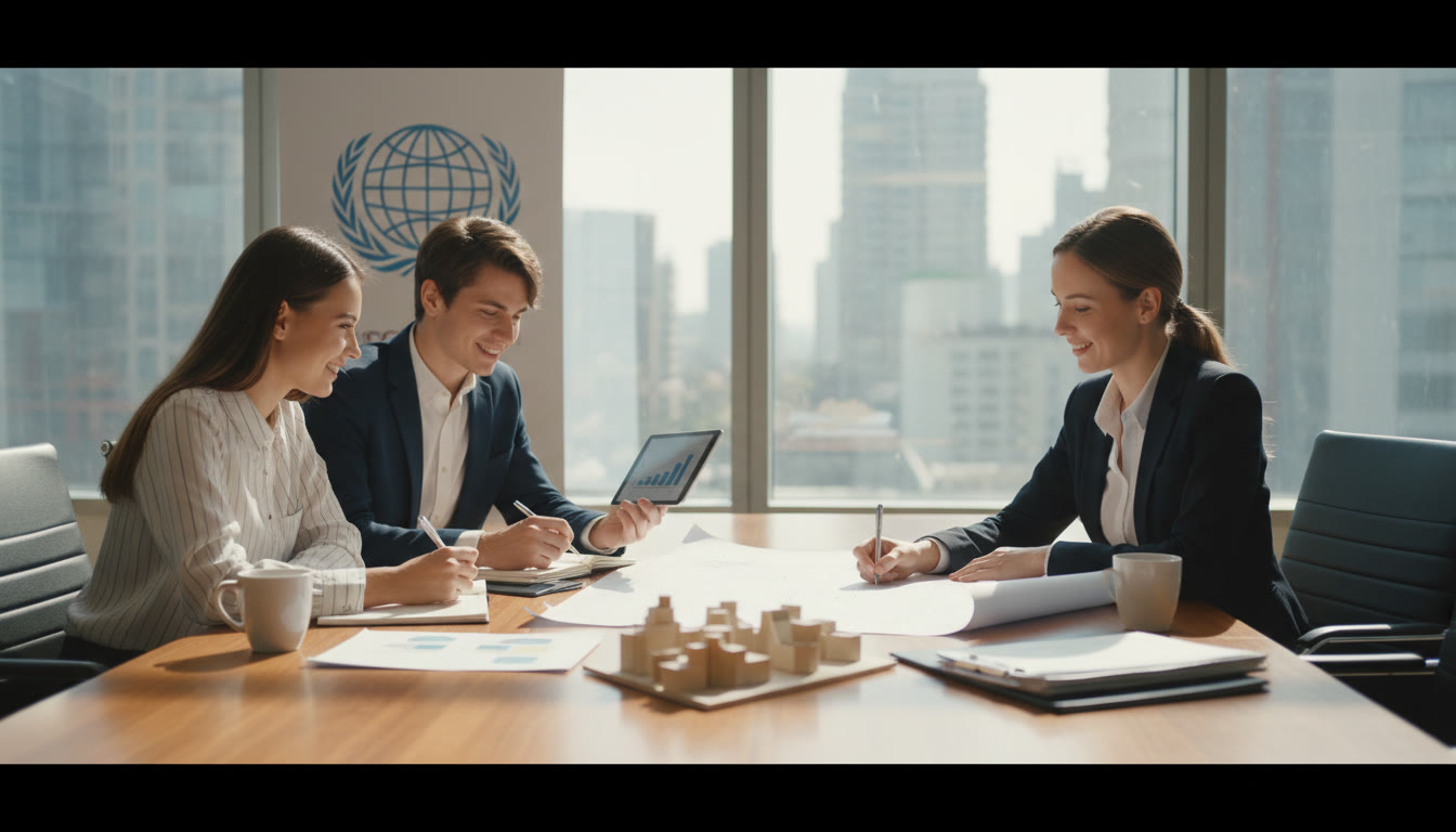 Photo Idea : a small team of students taking notes while meeting with a sponsor representative around a table