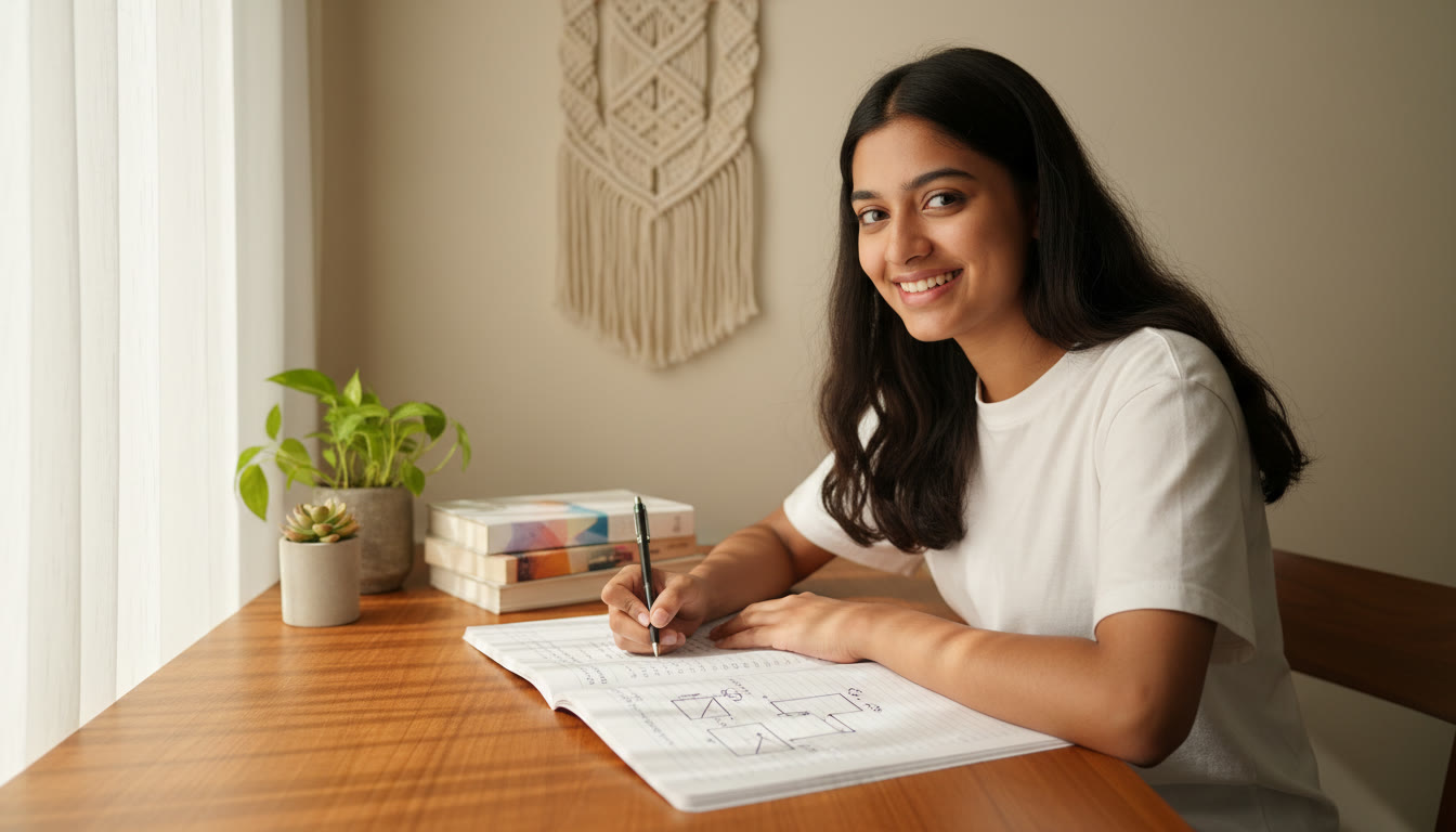 Photo Idea : Student writing a physics answer sheet with neat handwriting and a labeled diagram on the page