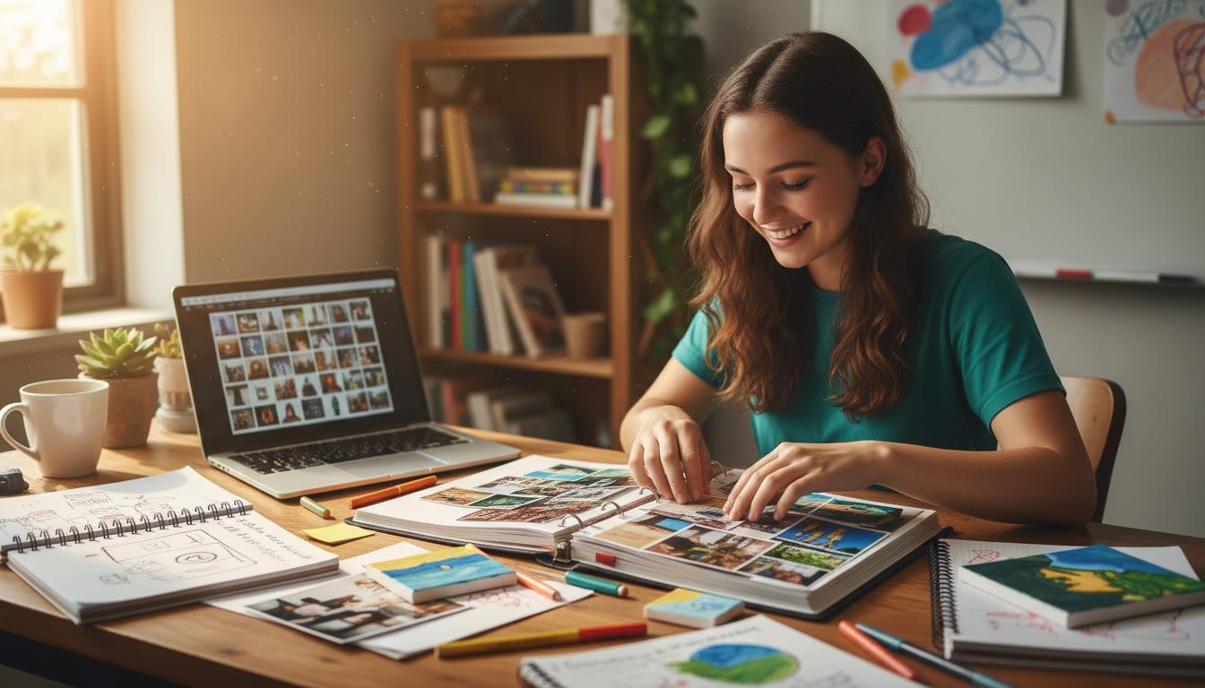 Photo Idea : A student arranging a CAS portfolio on a desk with notebooks, photos, and a laptop