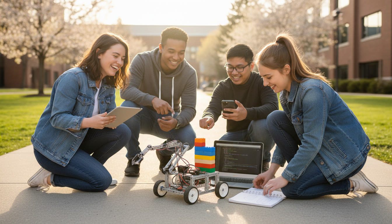 Photo Idea : A small team of students testing a robotics prototype outdoors with notebooks and laptops