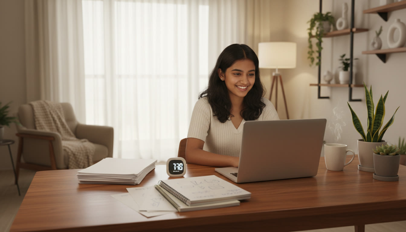 Photo Idea : Student with a laptop and neatly arranged notes, mock test papers and a timer on the desk