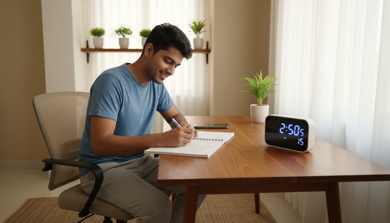 Photo Idea : Student writing on rough paper beside a digital timer during a mock test