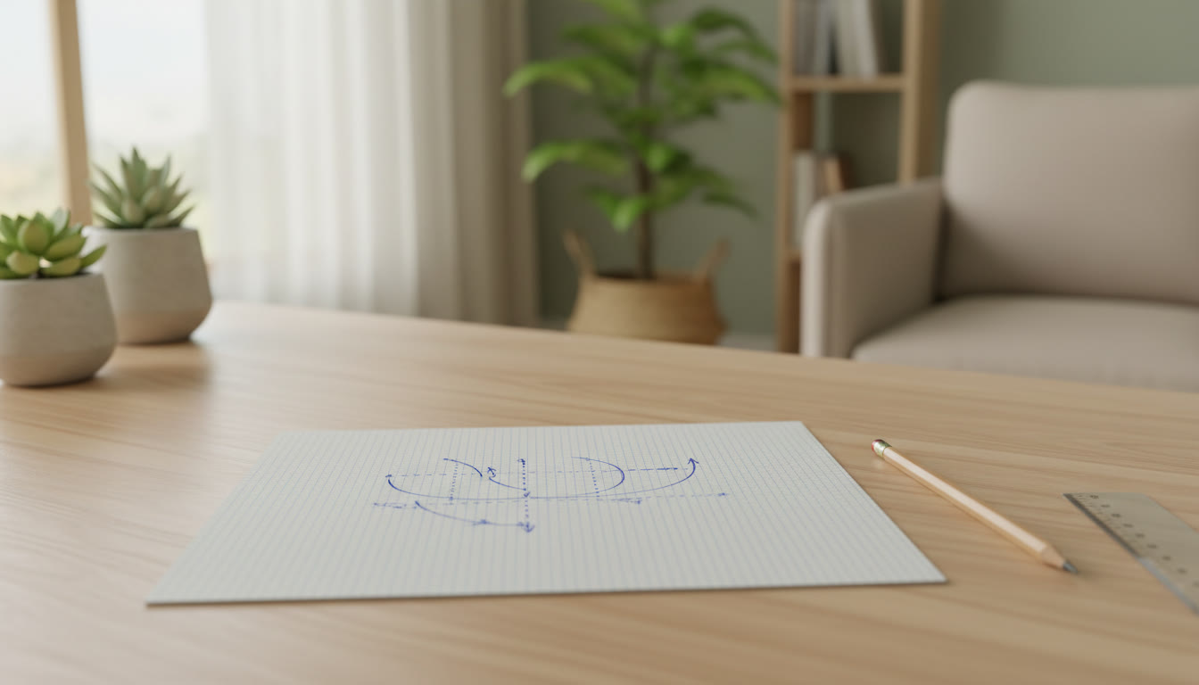Photo Idea : A cleanly drawn labeled physics diagram on graph paper with a pencil and ruler beside it
