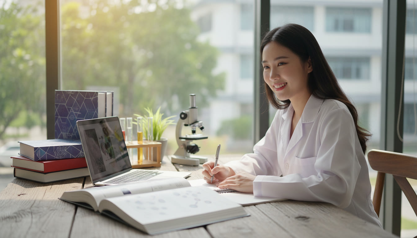 Photo Idea : A student in a lab coat writing notes beside an open laptop and IB textbooks on a wooden desk