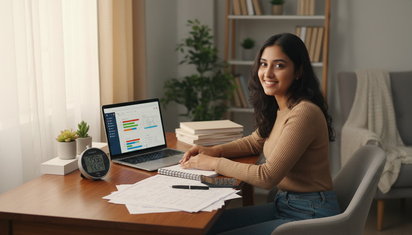 Photo Idea : Student at a study table with a visible stopwatch, laptop showing a mock test, and neat rough-work sheets