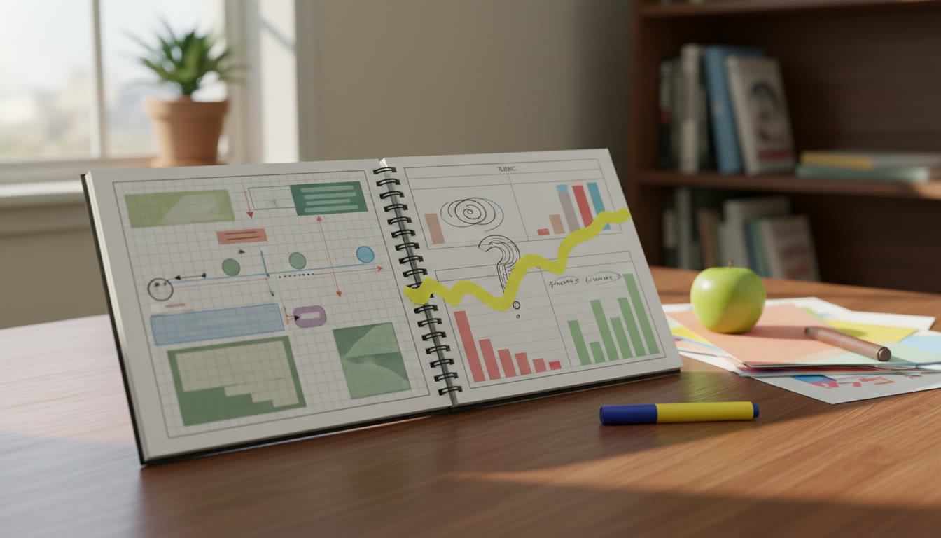 Photo Idea : open notebook with a neat one-page plan, annotated rubric and a highlighted research question