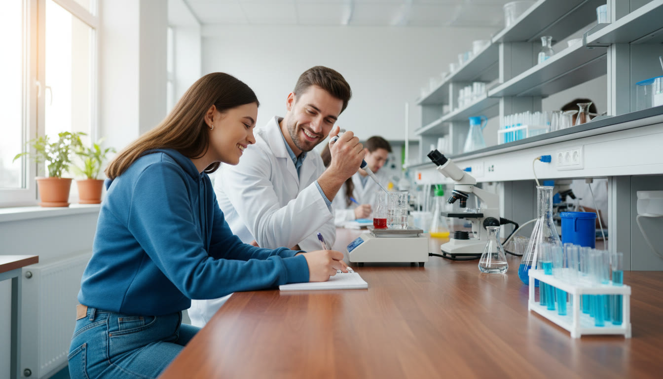 Photo Idea : A student taking notes beside a researcher in a bright university lab