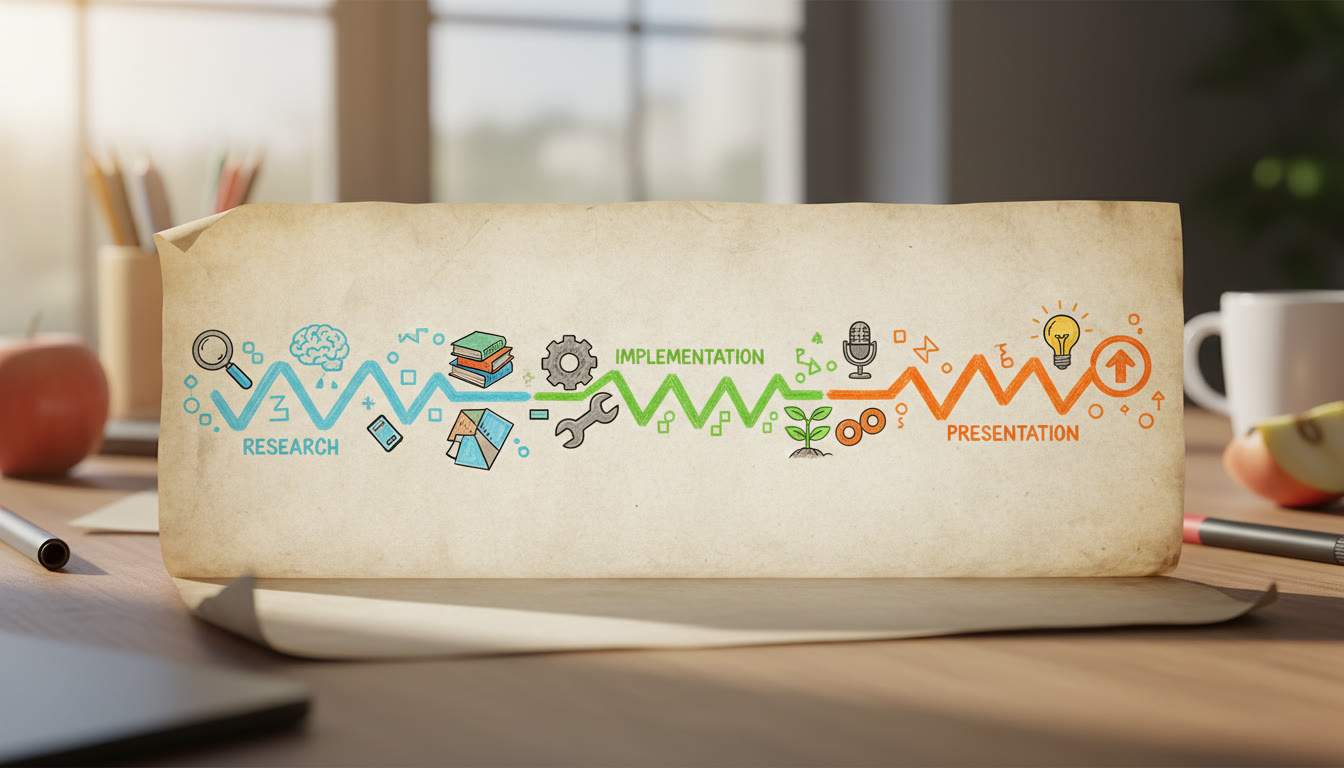 Photo Idea : A timeline drawn on paper with color-coded phases and icons for research, implementation, and presentation