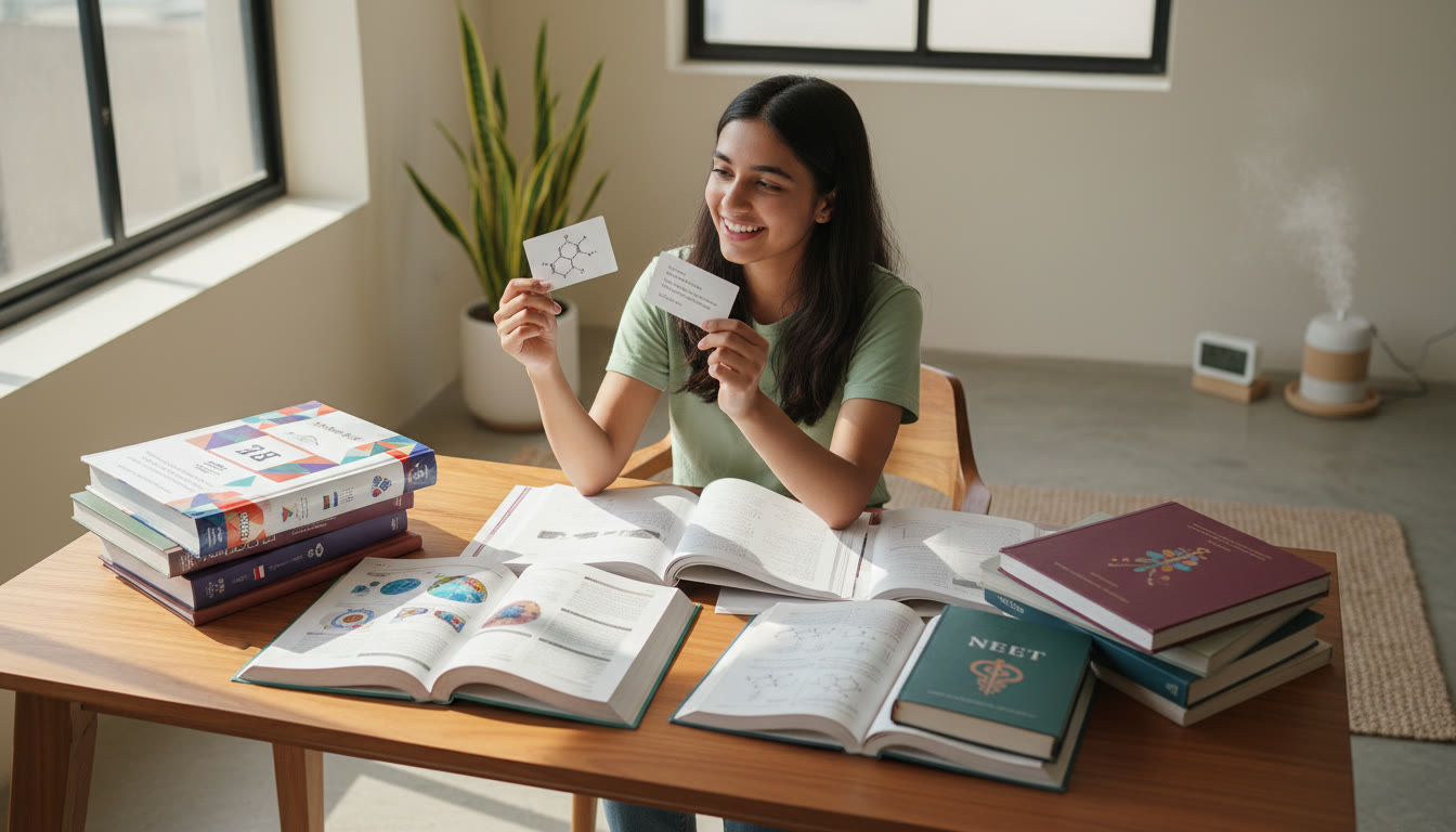Photo Idea : Student comparing IB and NEET study materials on a desk