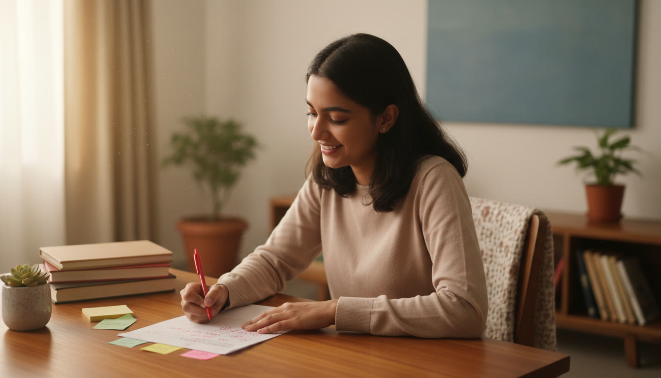 Photo Idea : A student reviewing a marked answer sheet with a coloured pen and sticky notes