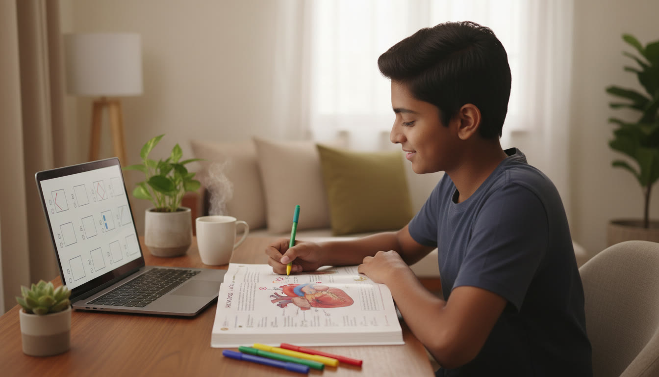 Photo Idea : A focused student marking a biology diagram with colorful pens and a laptop showing practice questions
