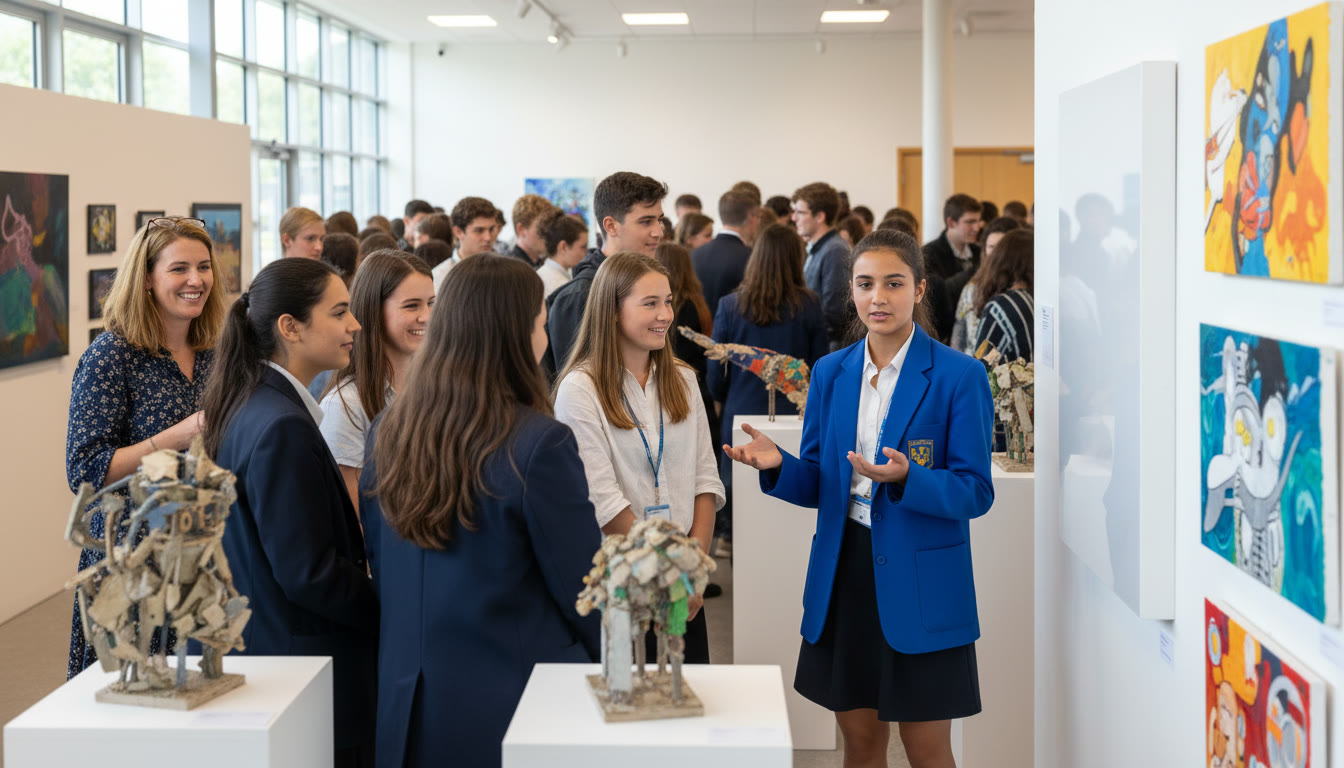 Photo Idea : A student-led exhibition with attendees examining artwork and a student explaining a panel