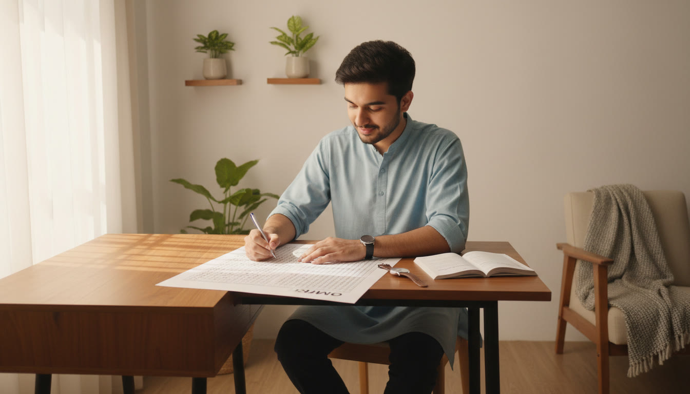 Photo Idea : Student calmly filling an OMR sheet under exam conditions with a watch nearby