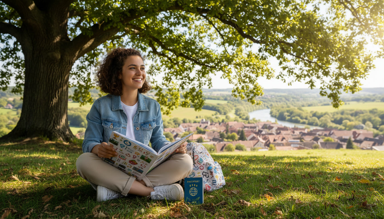 Photo Idea : Student sitting under a tree with an open language textbook and passport on the lap