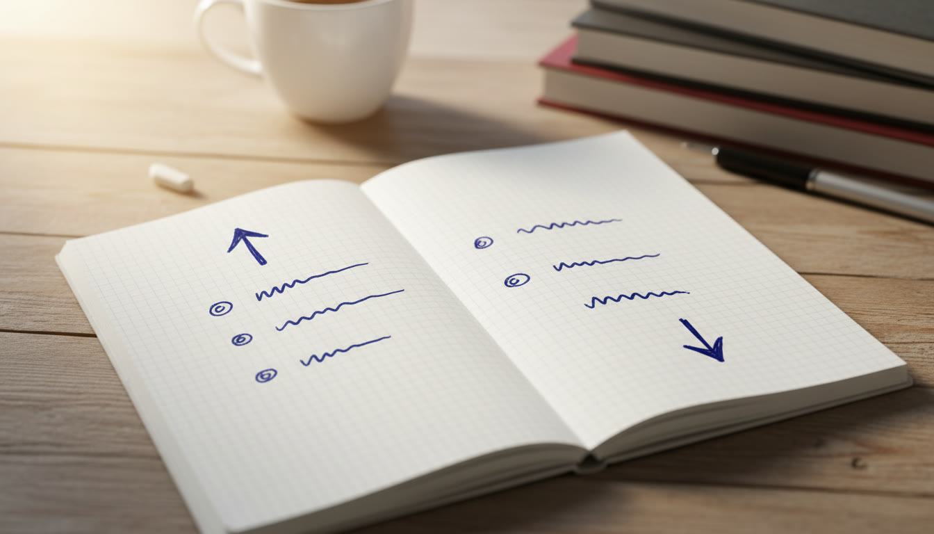 Photo Idea : close-up of a notebook showing a claim and a counterclaim column with supporting bullet points