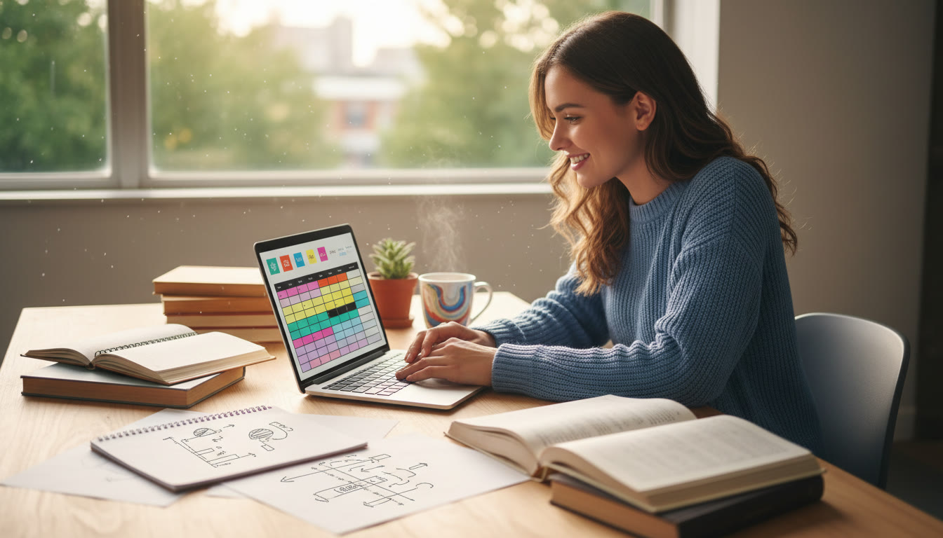 Photo Idea : Focused student at a desk with textbooks, notes, and a laptop showing a study timetable