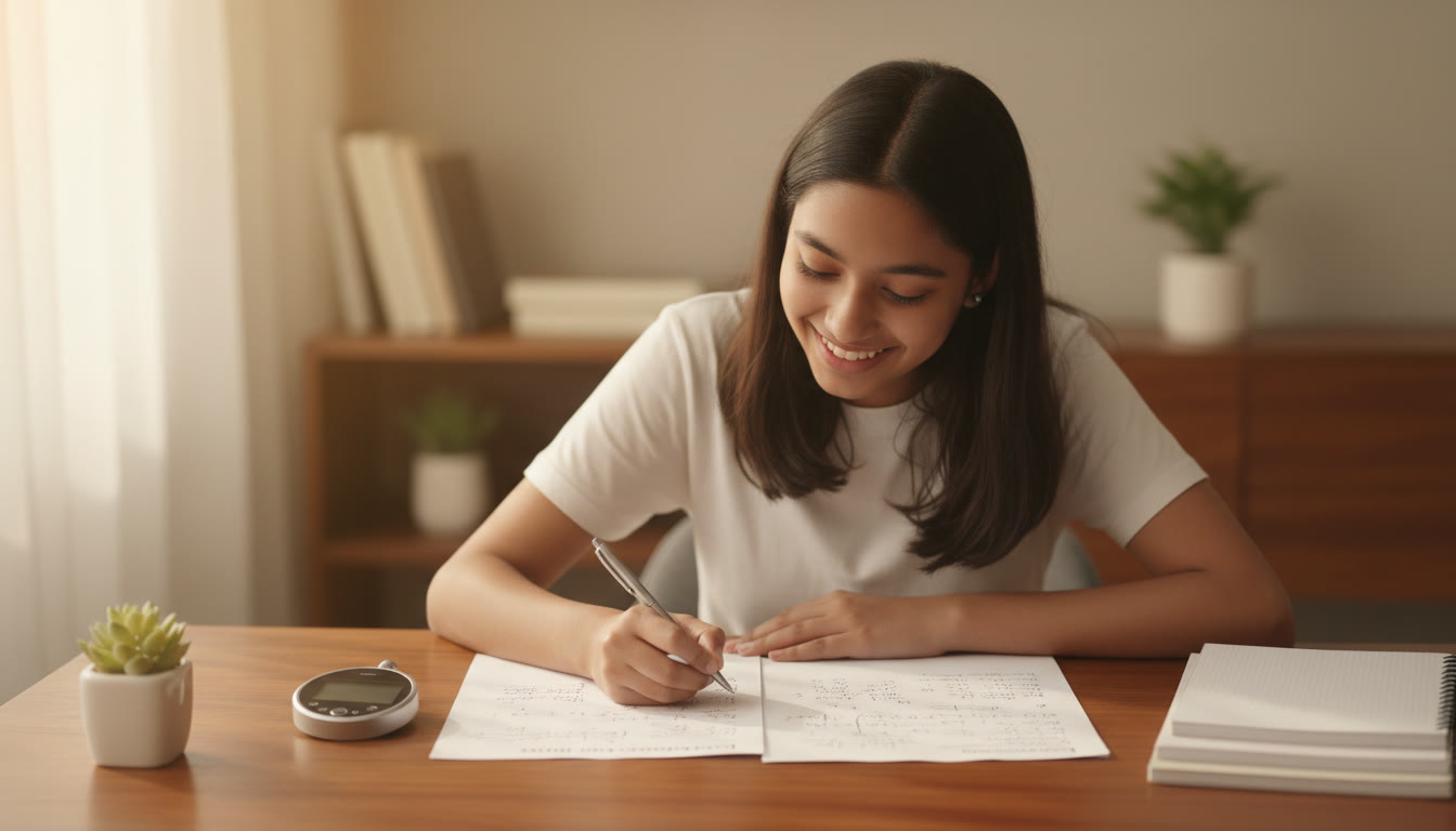 Photo Idea : Student at a tidy desk, stopwatch beside a neatly annotated sample paper, pen mid-write