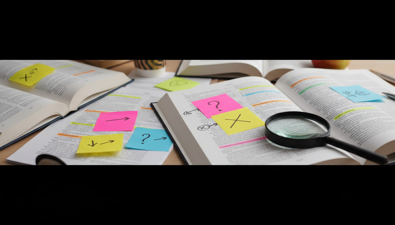 Photo Idea : Close-up of annotated research sources with sticky notes showing contradictory evidence and highlighted passages