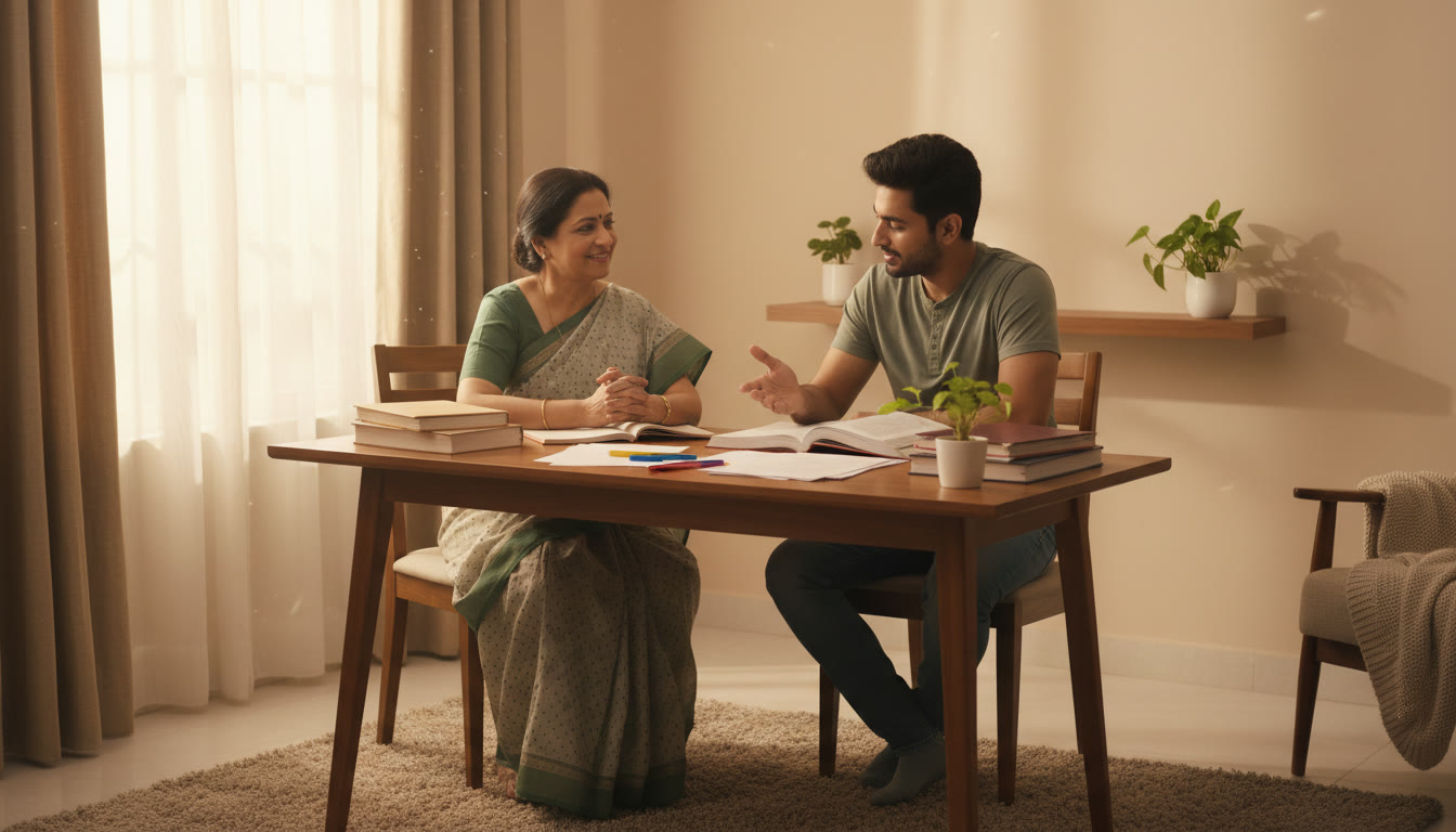 Photo Idea : Parent calmly listening to student with textbooks on a study table