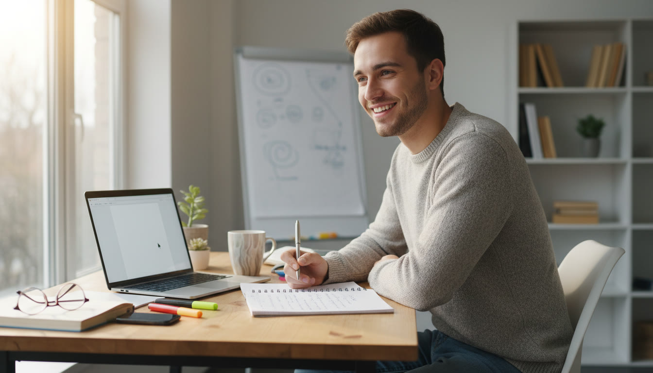 Photo Idea : Student writing a personal statement at a desk with an open notebook and laptop