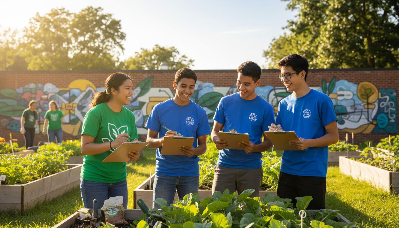 Photo Idea : Students collaborating on a community project, clipboards and smiles