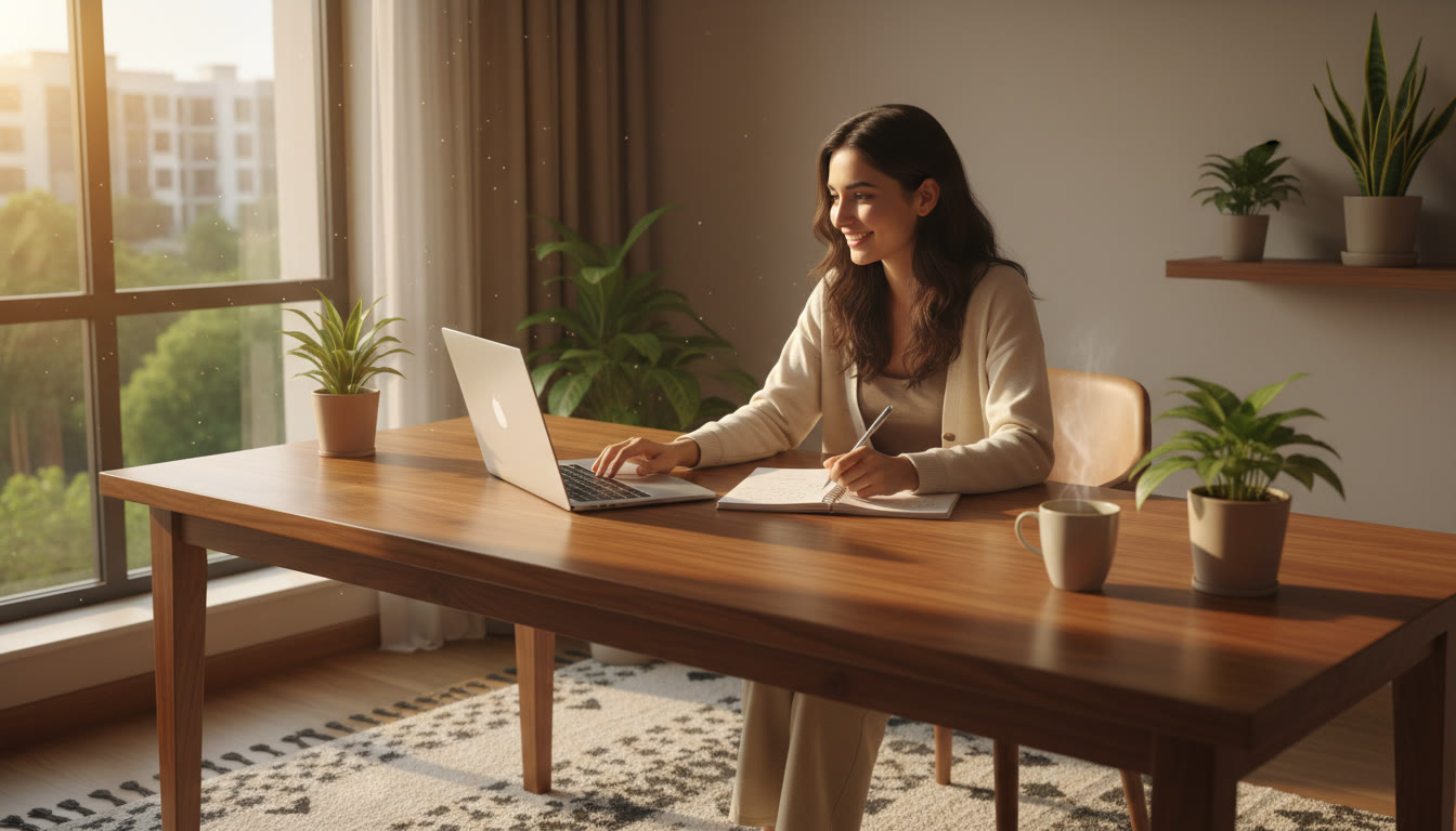 Photo Idea : A focused student at a desk with a laptop, notebook, and a cup of tea, sunlight through a window