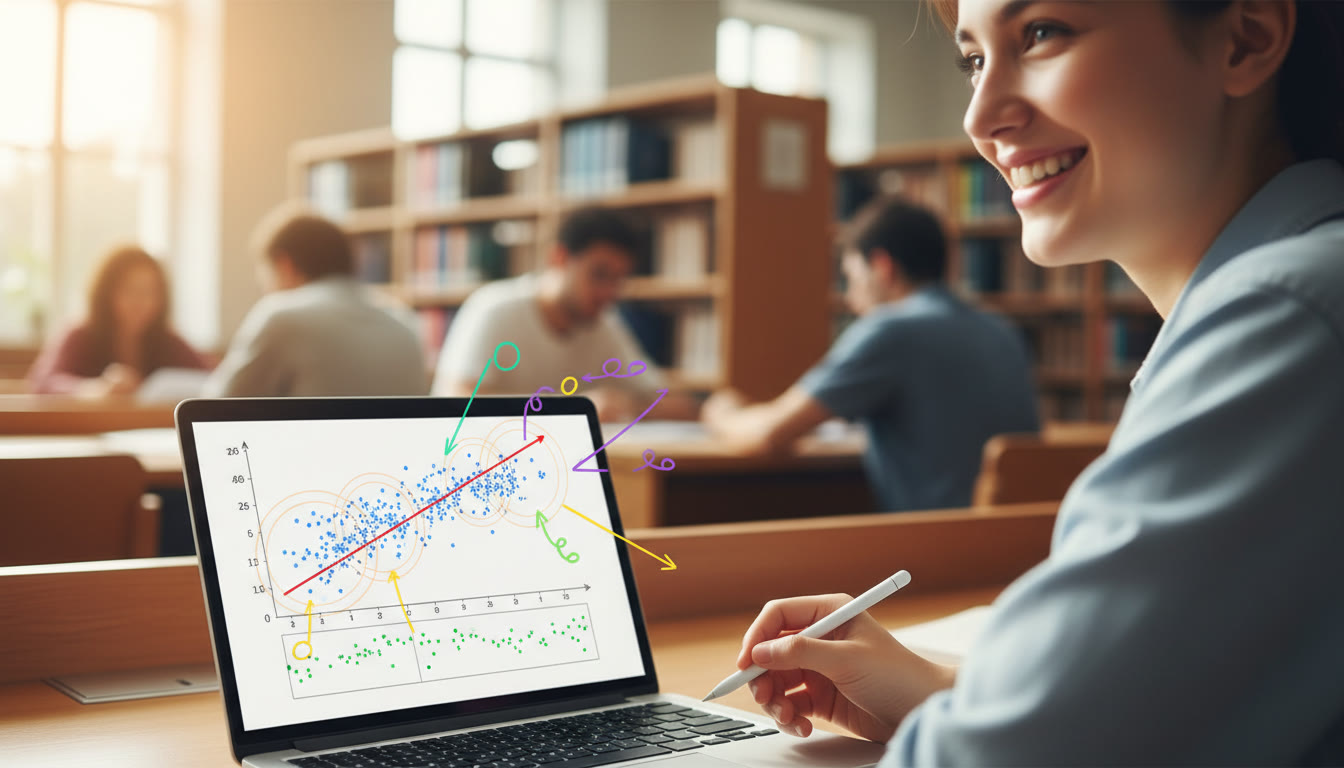 Photo Idea : Annotated graph on a laptop screen showing a linear fit, error bars and a residuals subplot