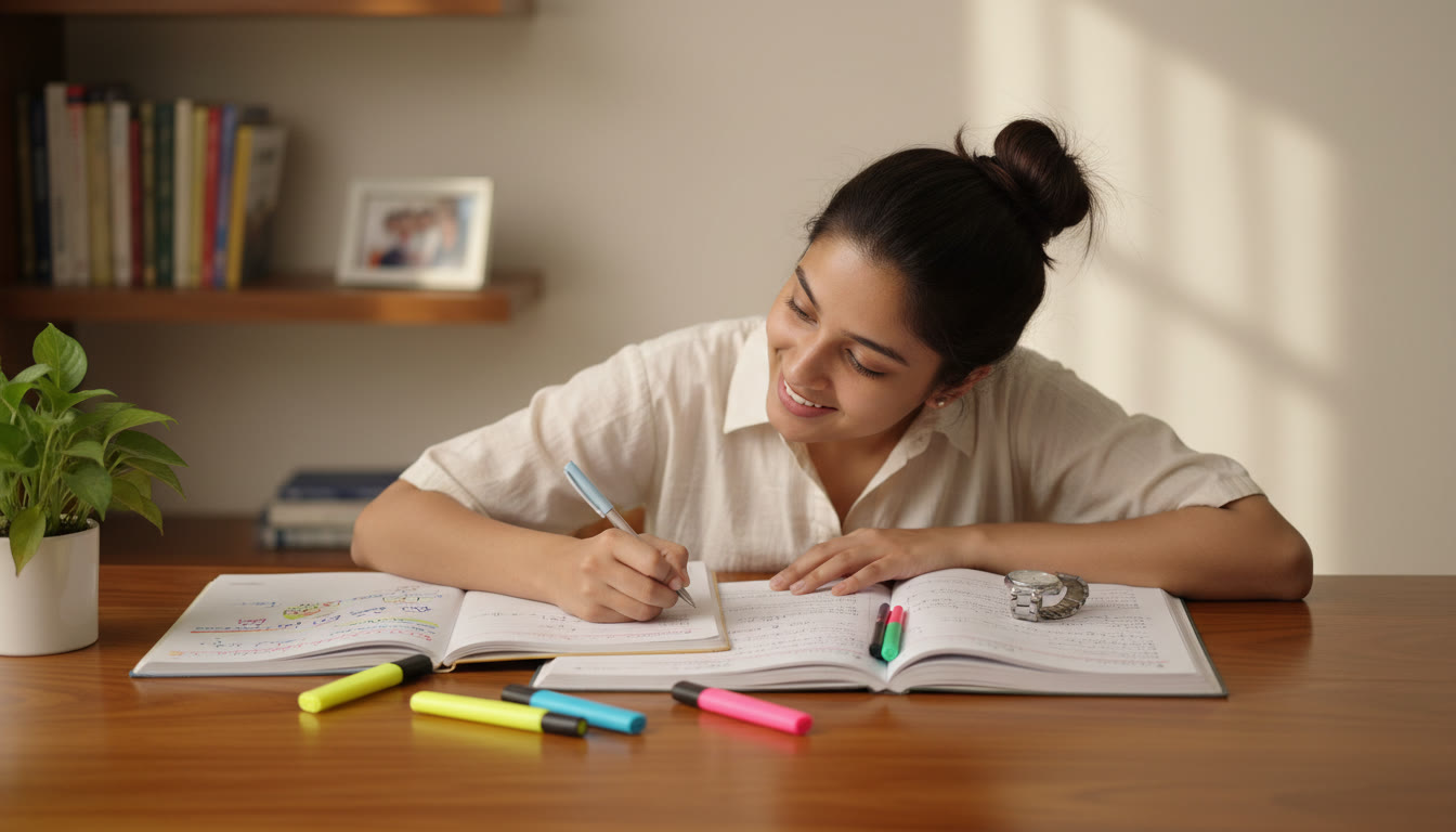 Photo Idea : A student at a desk with two open notebooks labeled 