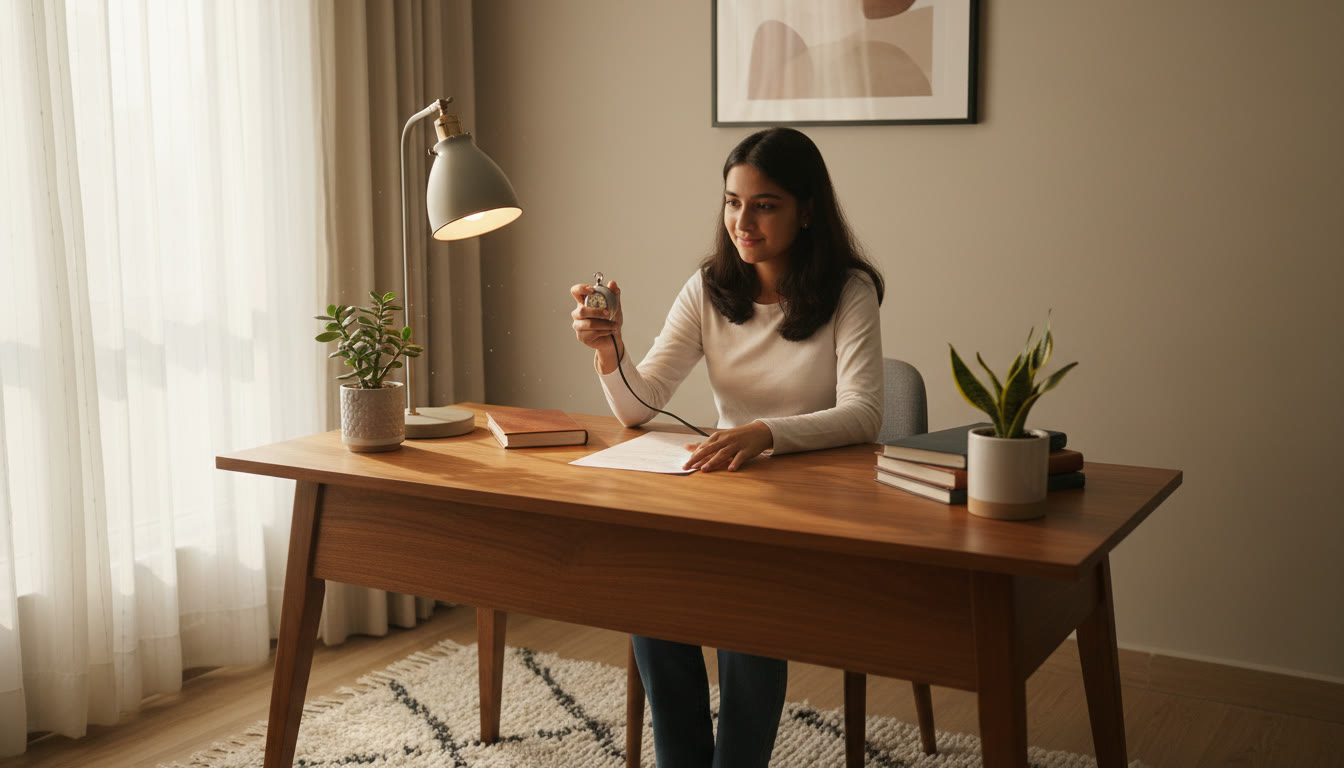 Photo Idea : A focused student at a desk timing themselves with a stopwatch and a CBSE-style question paper.