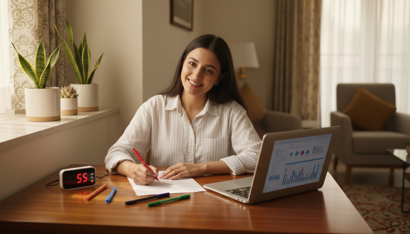 Photo Idea : Student reviewing a mock answer sheet at a desk with a timer, coloured pens, and a laptop