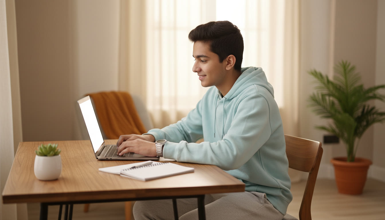 Photo Idea : A student taking a full-length mock test on a laptop, wristwatch and notepad visible, surrounded by quiet exam-like environment.
