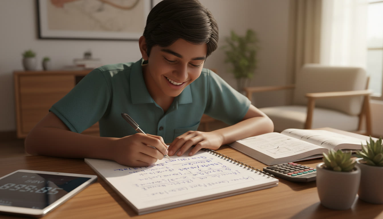 Photo Idea : Close-up of a student solving a series of timed chemistry calculation problems with a notebook showing step-by-step workings