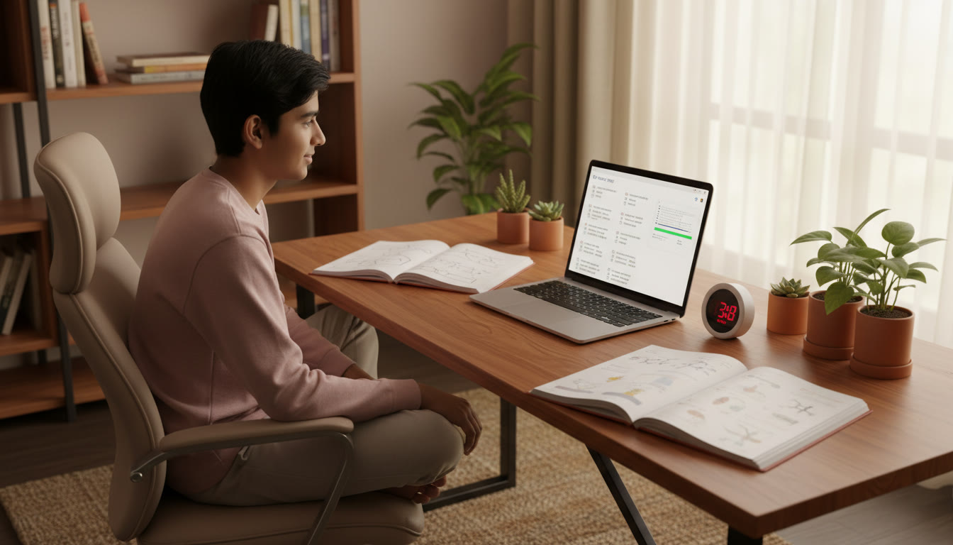 Photo Idea : A desk with open notebooks for Physics, Chemistry, Biology, a timer beside a student taking a mock test on a laptop.