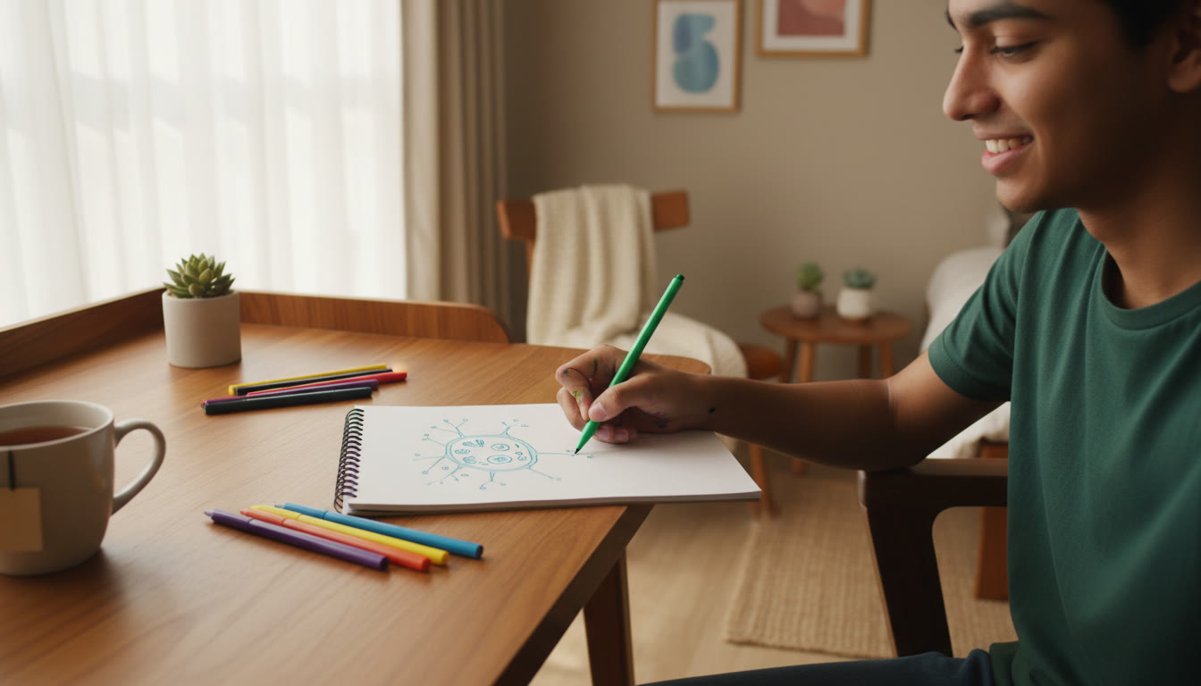 Photo Idea : Close-up of a student sketching a biology diagram with colored pens